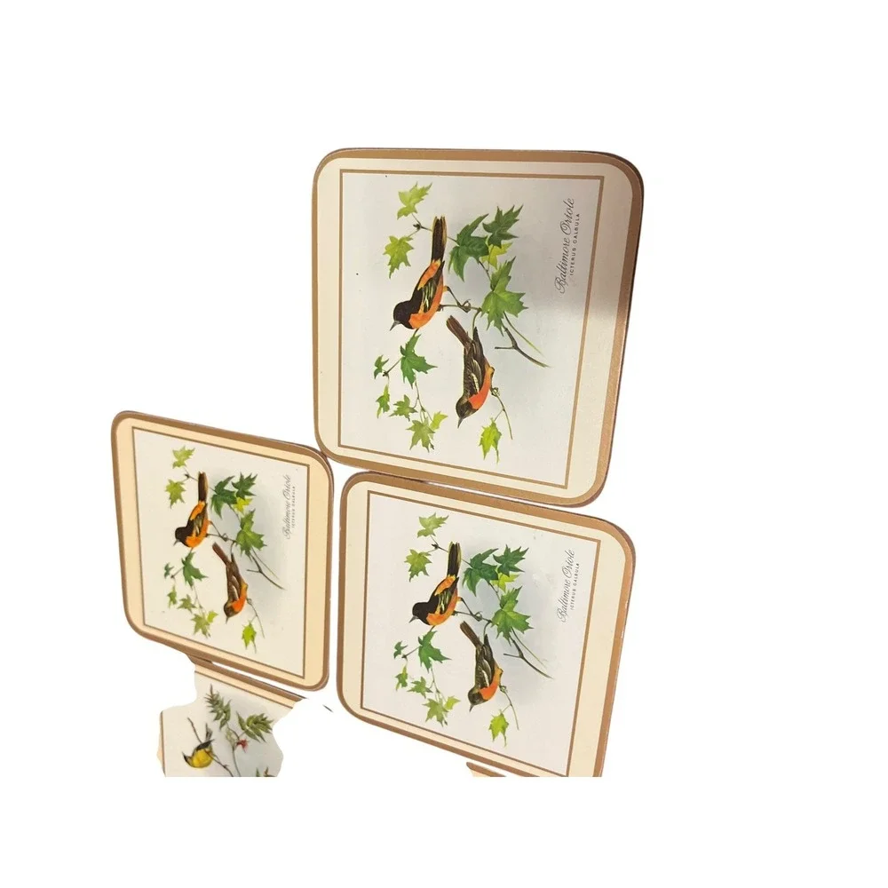 Set Of 6 Vintage English Life Cork Back Coasters Song Birds Satin‎ Finish W/ Box